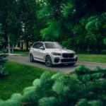 Białe BMW X5 zaparkowane w zielonym, parkowym otoczeniu